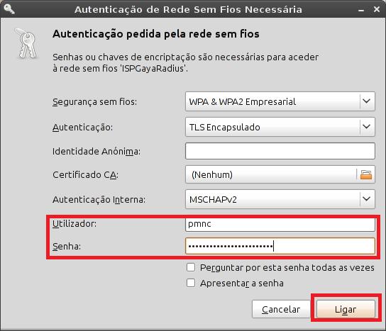 Após ter clicado sobre a rede ISPGayaRadius abriu a janela aqui em baixo apresentada,