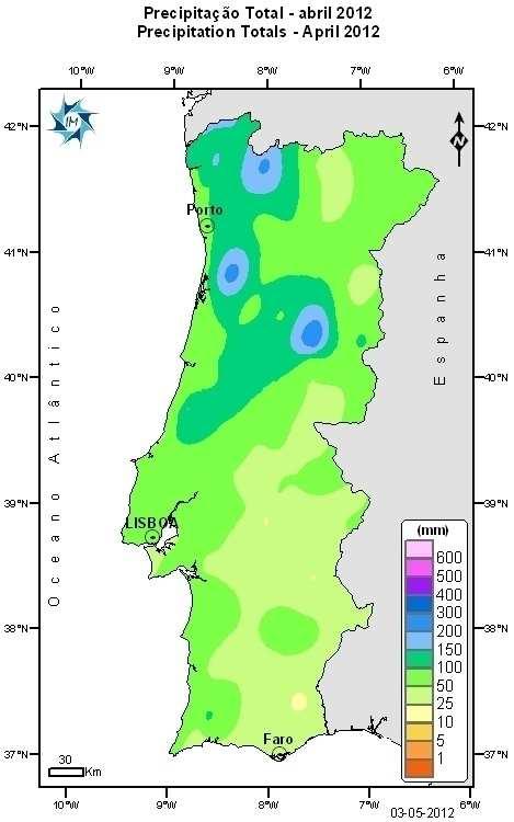 2. Precipitação total Os valores de precipitação registados no mês de abril foram mais elevados nas regiões do Norte e Centro e o valor médio para Portugal Continental foi de 76.6mm.