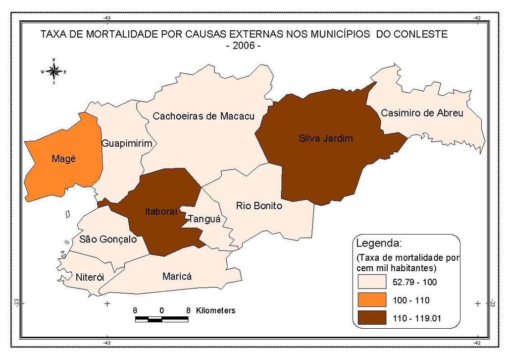 TABELA 14 - MORTALIDADE POR CAUSAS EXTERNAS NOS MUNICÍPIOS DO CONLESTE 2006 Cachoeiras de Macacu Guapimirim Itaboraí Casimiro de Abreu Magé Maricá Niterói Rio Bonito São Gonçalo Silva Jardim Tanguá