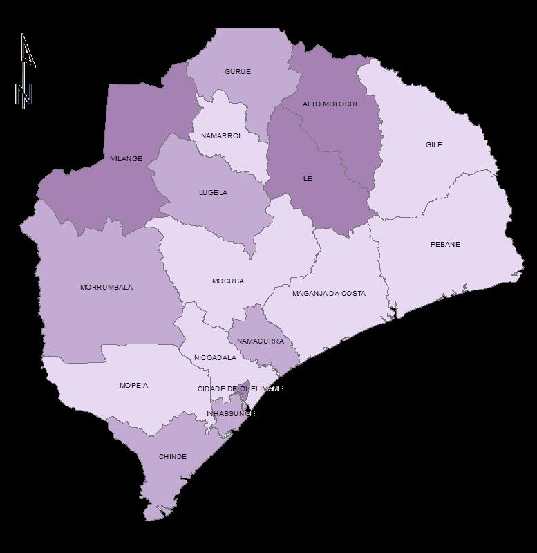 IDADE MÉDIA AO PRIMEIRO CASAMENTO POR DISTRITO, MULHERES - PROVÍNCIA DE ZAMBÉZIA 1997 E 2007 MAPA