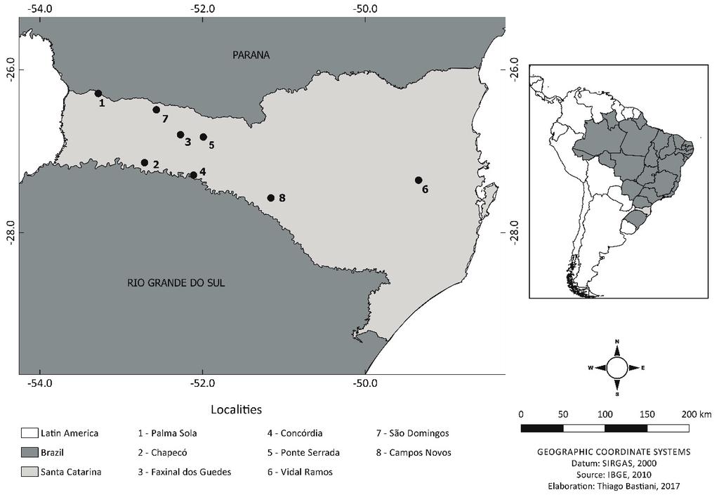 Geographic distribution of the I. henselii in the subtropical Atlantic Forest..153 with remnants of Araucaria and seasonal forests (Hedges et al., 2008; Gehara et al., 2013).