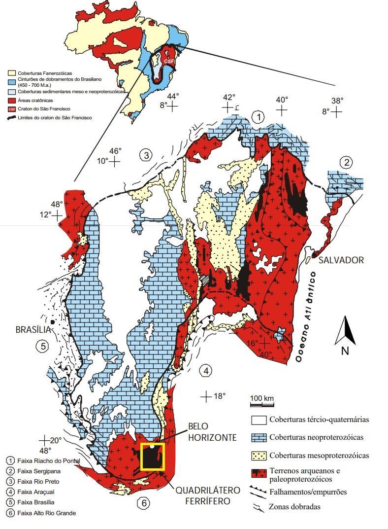 41 Figura 7 - Mapa geológico simplificado do Cráton São Francisco. Em destaque, a localização do QF. Fonte: Modificado de ALMEIDA, 1977, por SILVA et al., 20