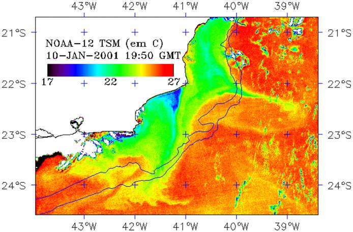 42 R V R M Figura 7 Temperatura de superfície do mar reconstruida por satélite mostrando meandros (M), vórtices (V) e ressurgências costeiras (R) formados pelas instabilidades da CB na MCRJ ao largo