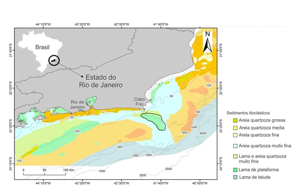 48 Figura 10 Sedimentologia na margem continental do Rio de Janeiro. A área marcada representa a localização do banco lamoso do SRCF (Fonte: modificado de DIAS, 2000).