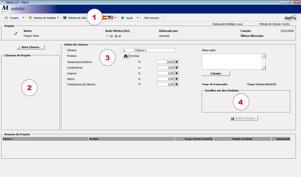 3 Overview SELETOR 2.0 3.1 Conhecendo a Área de Trabalho A área de trabalho é basicamente dividida em 4 setores básicos (veja ao lado e localize-os na tela do computador): 1.