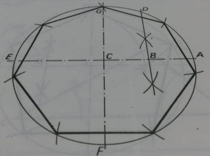 Dividir uma circunferência em sete parte iguais e formar um heptágono: Solução: Centro em C, descreva uma circunferência, e trace os diâmetros EA e FG perpendiculares entre si.