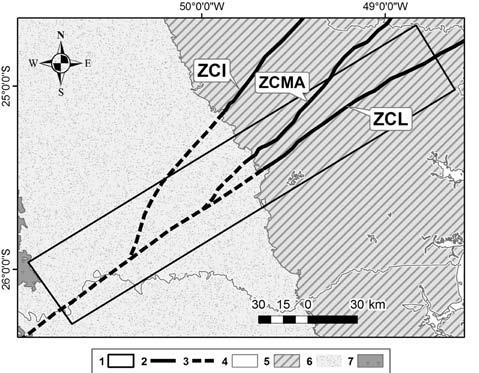 Interpretação aeromagnética da Zona de Cisalhamento Lancinha Figura 7. Interpretação do prolongamento da ZCL e estruturas associadas sob a Bacia do Paraná.