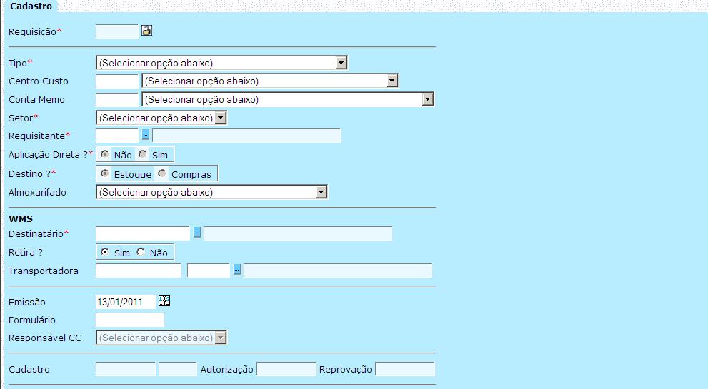 Selecionar a ultima opção, pressionar F2 e inserir os dados: tipo, centro de custo, conta memo, setor, requisitante, destinatário,