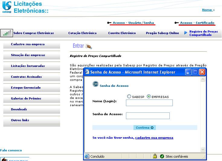 nsf A página inicial de Licitações Eletrônicas será exibida.