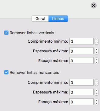 Readiris 17 - User Guide Para remover linhas horizontais: Selecionar Remover linhas horizontais. Estão disponíveis os mesmos parâmetros.