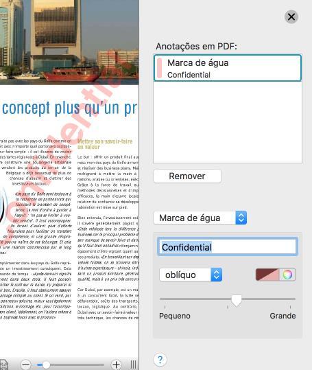 Readiris 17 - User Guide Tipos de anotação Marca de água A anotação de marca de água é um texto escrito na página de um documento. Para adicionar uma marca de água: No Painel de anotação: 1.