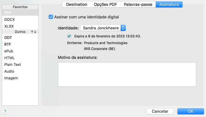 Secção 10: Configurar a ação Exportar Assinatura de PDF (Esta secção aplica-se apenas ao Readiris Corporate) Os documentos PDF que gera com o Readiris podem ser assinados digitalmente.