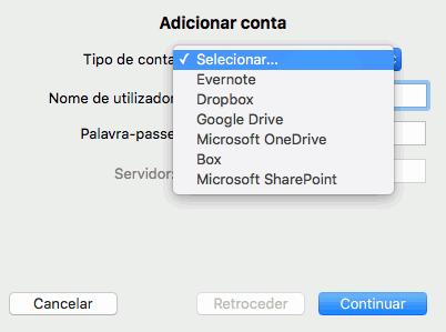 Opções de exportação > Destino > Armazenar on-line > Contas.