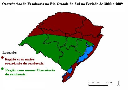 Figura 2. Mapa das Regiões do RS com maior e menor incidência de registros de vendavais por ano no período de 2000 a 2009.