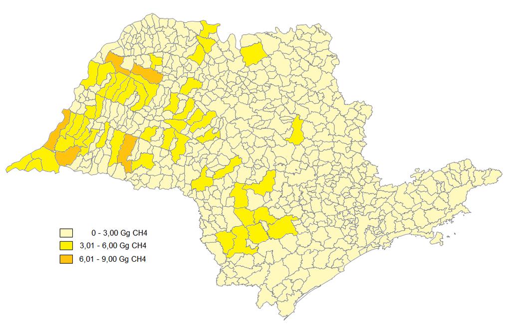 Figura 1 Distribuição municipal das emissões de metano pela pecuária no Estado de São Paulo em 000