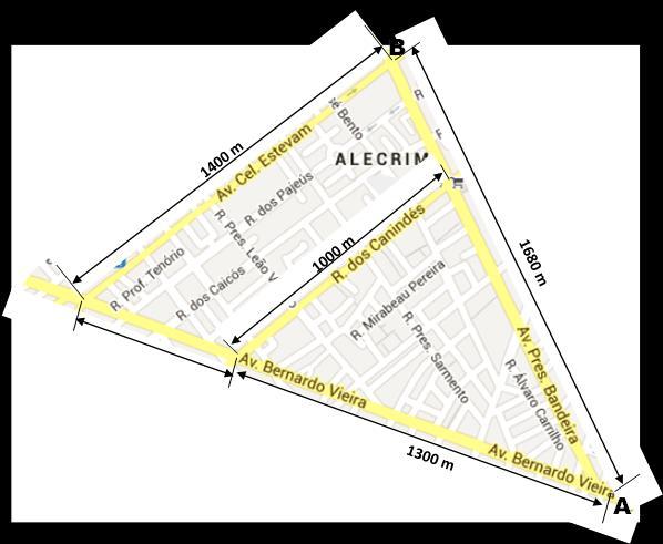Para responder a questão 10, considere: o trecho do mapa do bairro do Alecrim na cidade de Natal-RN; as distâncias apresentadas no mapa; e o fato de a Av. Cel.