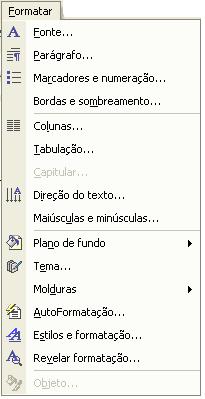 Menu Formatar O item Fonte do menu Formatar no Word é descrito como Caracteres no Writer.