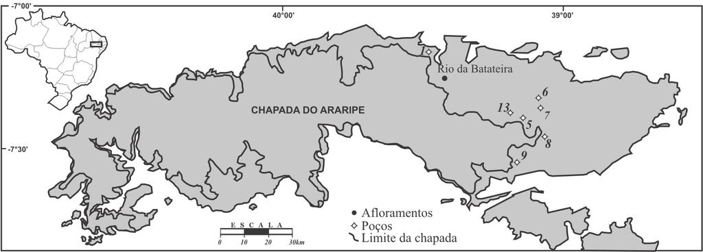MATERIAL E MÉTODO Para o estudo utilizaram-se os afloramentos da seção-tipo da Formação Rio da Batateira, localizados ao longo do rio homônimo, que têm início na rodovia BR-122, mais precisamente na
