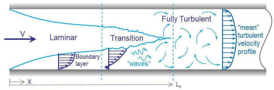 Escoamento turbulento em dutos Observar o comprimento de entrada L e e o fluxo