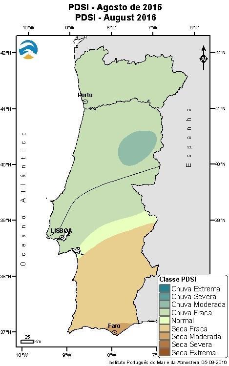 Sul. Na região de Faro verifica-se uma situação de seca meteorológica moderada (Figura 4). Na Tabela 1 apresenta-se a percentagem do território nas várias classes do índice PDSI.