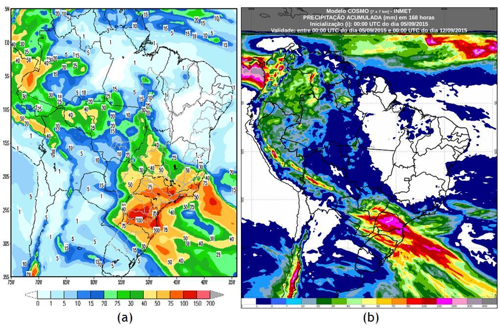 A figura 2 mostra as previsões de precipitação feitas pelos modelos ETA (CPTEC/INPE/ONS), figura 2a, e COSMO (INMET), figura 2b, para semana operativa do ONS de 5 a de Setembro.
