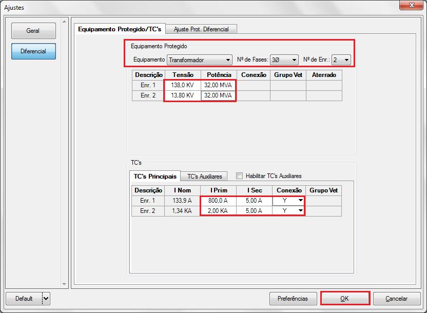 6.3. Tela Diferencial > Equipamento Protegido / TC s Nessa aba deve-se informar o equipamento protegido, o número de enrolamentos, tensões nominais, potências nominais, as correntes primárias e