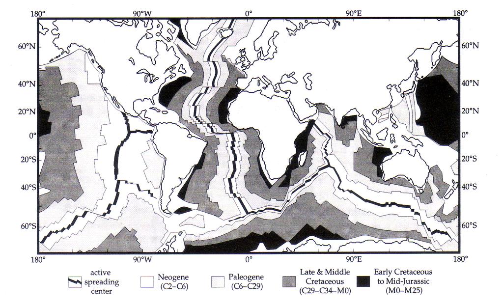 Figura 17. Mapa de idades da crosta oceânica decorrente da interpretação de anomalias magnéticas marinhas.
