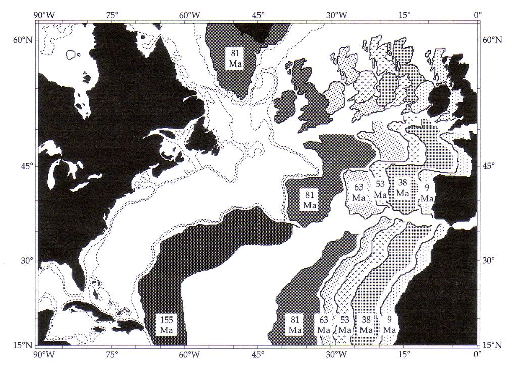 Figura 18. Reconstrução da História de abertura dos oceanos Atlântico Norte e Central. A figura mostra as posições relativas da Europa e África com respeito a América do Norte em tempos específicos.