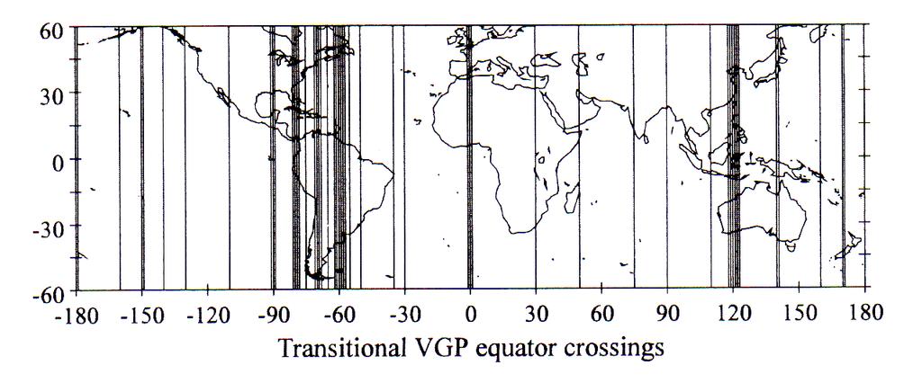 Figura 3. Caminhos de PGVs (polos geomagnéticos virtuais) determinados durante transições de polaridades disponíveis para rochas sedimentares.