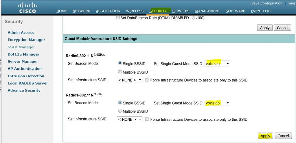 Note: Se a interface de rádio faz não vindo acima depois que as interfaces de rádio do GUI estão permitidas, entre ao CLI e execute o comando no shutdown sob as interfaces de rádio (Dot11Radio).