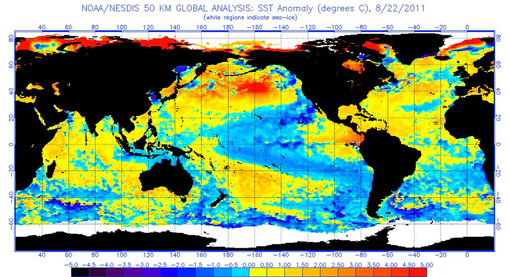 CONDIÇÕES OCEÂNICAS As temperaturas médias das águas superficiais diminuíram entre 0,5ºC e 1,5ºC em relação ao mês de julho nas áreas centrais e leste do Pacífico Equatorial (Figura 4), porém
