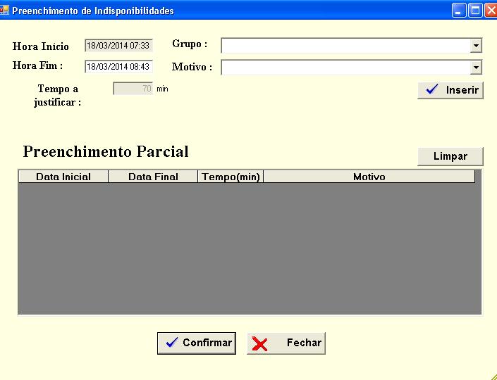 estar operando. Os motivos são pré-definidos no software, podendo ser incluídos, retirados ou modificados a qualquer momento.