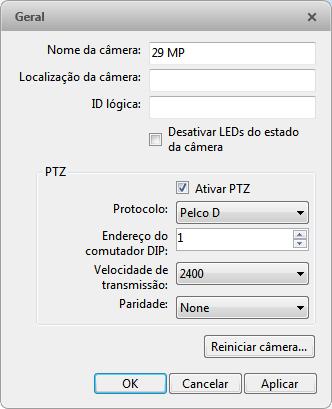 ACC5 Cre Geral Use a caixa de diálg Geral para definir a identidade da câmera e cnfigurar as definições de PTZ da câmera. Também é pssível reinicializar a câmera através da caixa de diálg Geral.