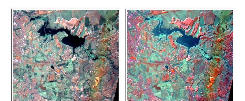 A Figura 4 representa duas imagens sintéticas geradas através da técnica de fusão ESRI com parâmetros de pesos diferenciados do padrão oferecido pelo software para cada banda das imagens.