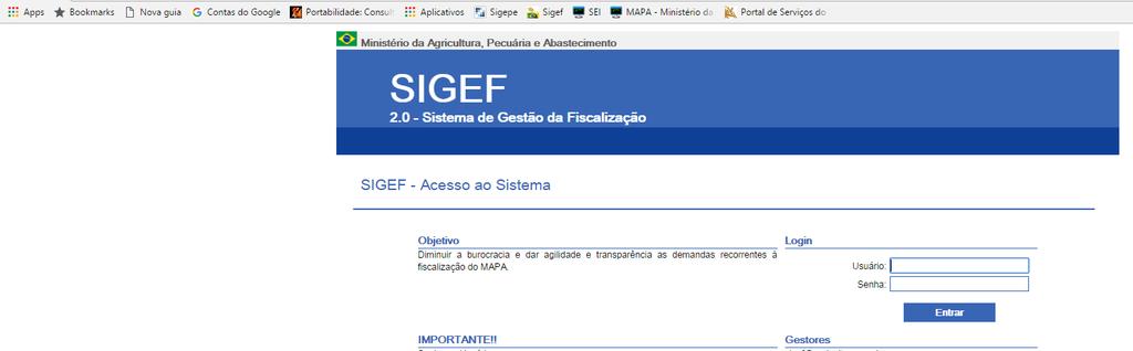 espelho página de acesso ao SIGEF para fazer a inscrição de área de reserva de sementes para uso próprio (entrar na página https://sistemasweb.agricultura.gov.