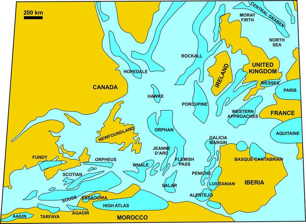 Figura 23 Localização das diferentes bacias sedimentares formadas pelo Rifting e aumento do fundo marinho, que se iniciou no Triásico superior, levando à abertura do Oceano Atlântico (N.