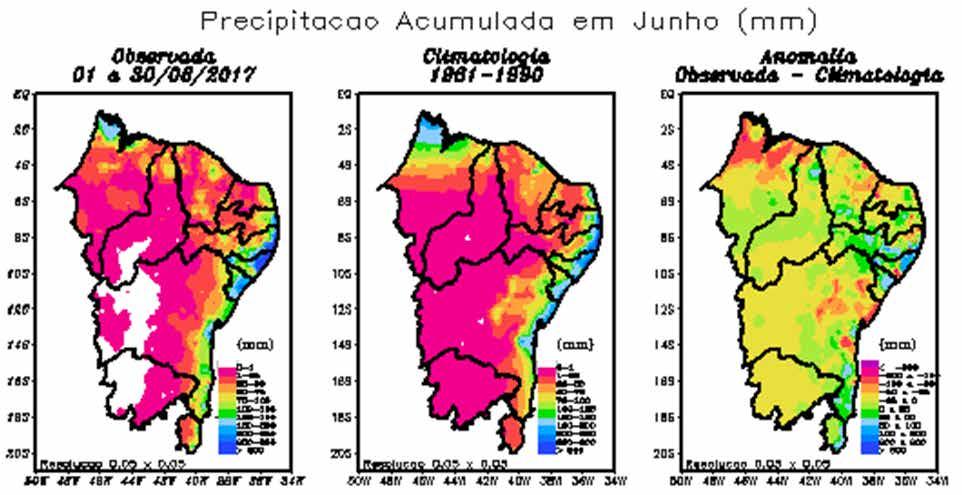 Figura 9 Precipitação observada, climatologia e anomalia da precipitação da Região Nordeste, em junho/2017