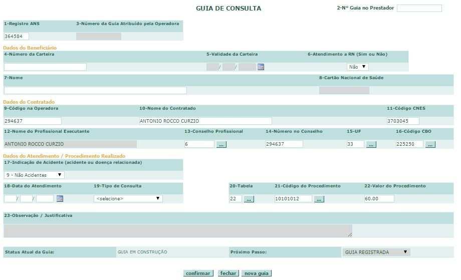 Na próxima janela, você irá realizar a digitação/inclusão dos dados da sua guia física na guia online.