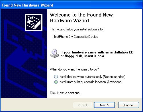 Instalação do novo hardware no Windows XP Para instalar o novo hardware, execute o seguinte procedimento: Conecte o IsatPhone 2 ao computador usando o cabo USB fornecido.