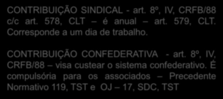 FONTES DE RECEITAS DOS SINDICATOS CONTRIBUIÇÃO SINDICAL - art. 8º, IV, CRFB/88 c/c art. 578, CLT é anual art. 579, CLT.