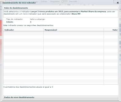 Desdobrando o objetivo Ao concluir o arrasto, a tela de configuração do desdobramento será exibida.