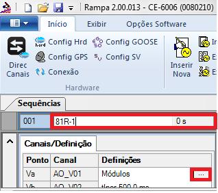 8.1 Tela principal 81R-1 Primeiramente configura-se uma situação para verificar a variação de frequência do elemento 81R-1, cujo ajuste está em 1,00 Hz/s e 0,3 segundos.