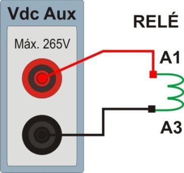 Sequência para testes do relé smart P500-RC no software Rampa 1. Conexão do relé ao CE-600X No apêndice A-1 mostram-se as designações dos terminais do relé. 1.1 Fonte Auxiliar Ligue o positivo (borne vermelho) da Fonte Aux.