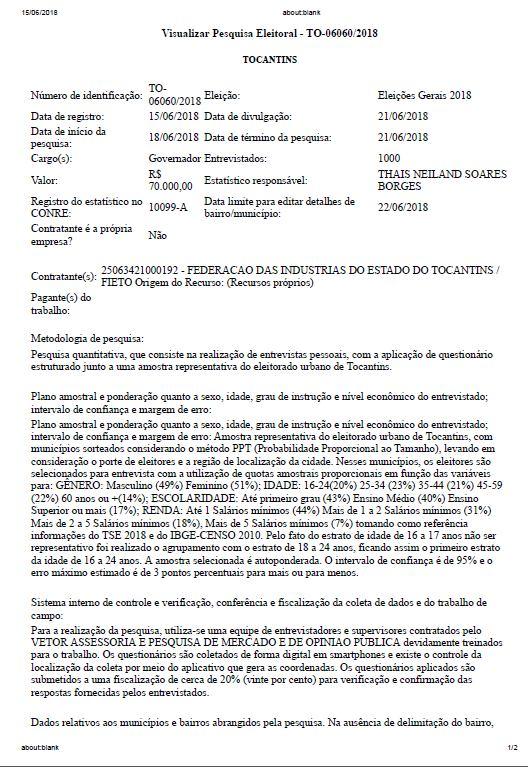 REGISTRO DA PESQUISA Atenção: Os dados desta pesquisa estão disponíveis para divulgação a partir do dia 21 de junho de 2018 e foram registrados no Tribunal Eleitoral sob o numero TO 06060/2018.