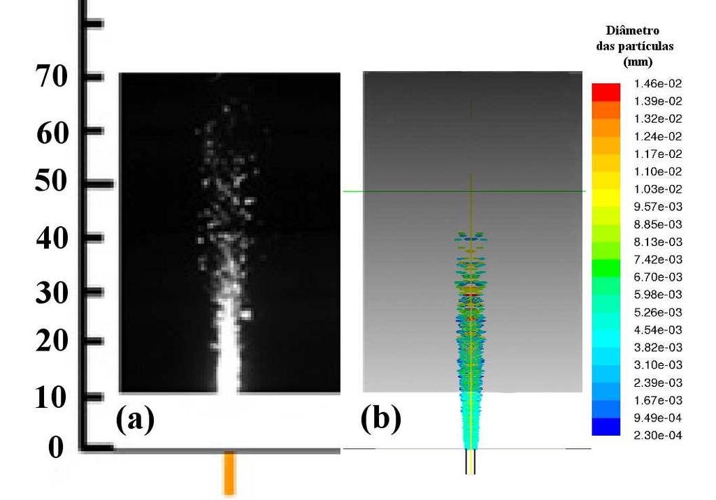 Nakamura et al. (2011) 233 Figura 6.13: Operação do queimador a 0, 1 MPa. Visualização das gotículas obtidos, (a) dos experimentos de Nakamura et al. (2011) e (b) da simulação numérica.