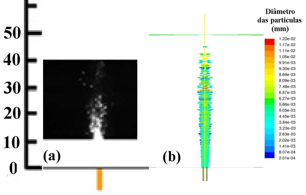 Nakamura et al. (2011) 234 Figura 6.14: Operação do queimador a 0, 3 MPa. Visualização das gotículas obtidos, (a) dos experimentos de Nakamura et al. (2011) e (b) da simulação numérica.