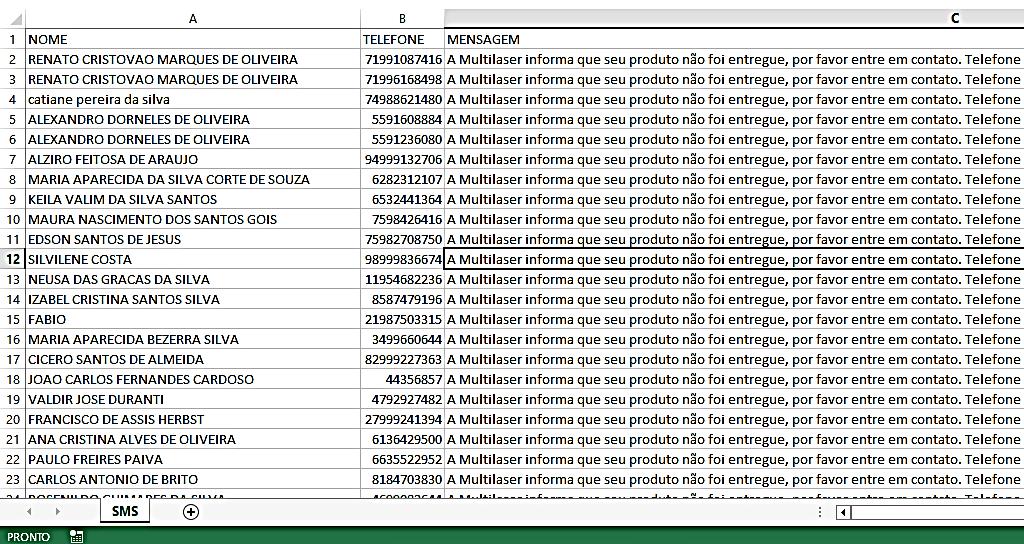 Contato com o cliente SMS - Para o envio de SMS é realizado um PROCV com um relatório do BI e os dados da planilha de reenvio, assim buscamos pelos celulares dos clientes que não conseguimos contato.