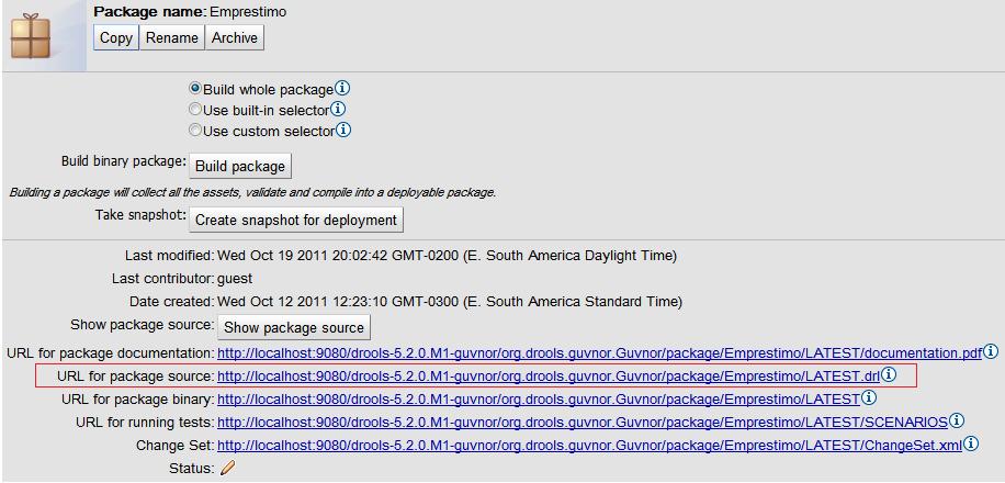 25 Figura 13 - Tela do Drools Guvnor onde é feita a compilação de pacotes O Quadro 2 apresenta o conteúdo do arquivo de propriedades com a configuração de URL de acesso.