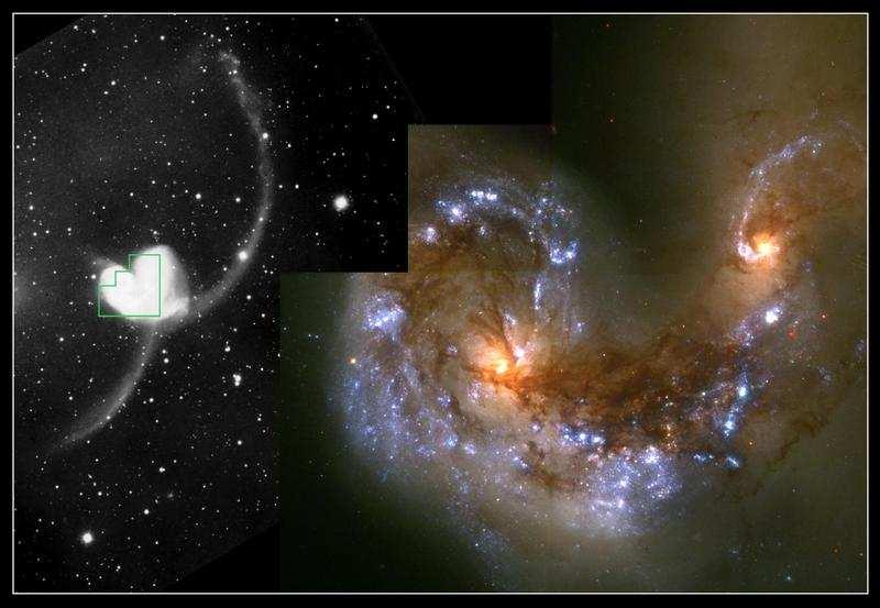 Figure 4: Fusão de galáxias. A Antennae é um par de galáxias em colisão. A imagem da direita (do HST) mostra a região central do sistema, onde há um starburst vigoroso.