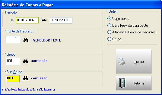 Para imprimir o relatório de comissão a pagar ao vendedor. Veja figura 5.1. Selecione o Vendedor.